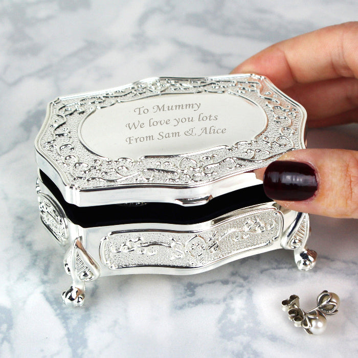 Engraved Silver Finish Small Antique Trinket Box