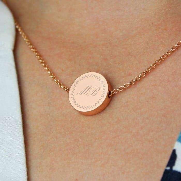 Personalised Wreath Initials Rose Gold Tone Disc Necklace - Myhappymoments.co.uk