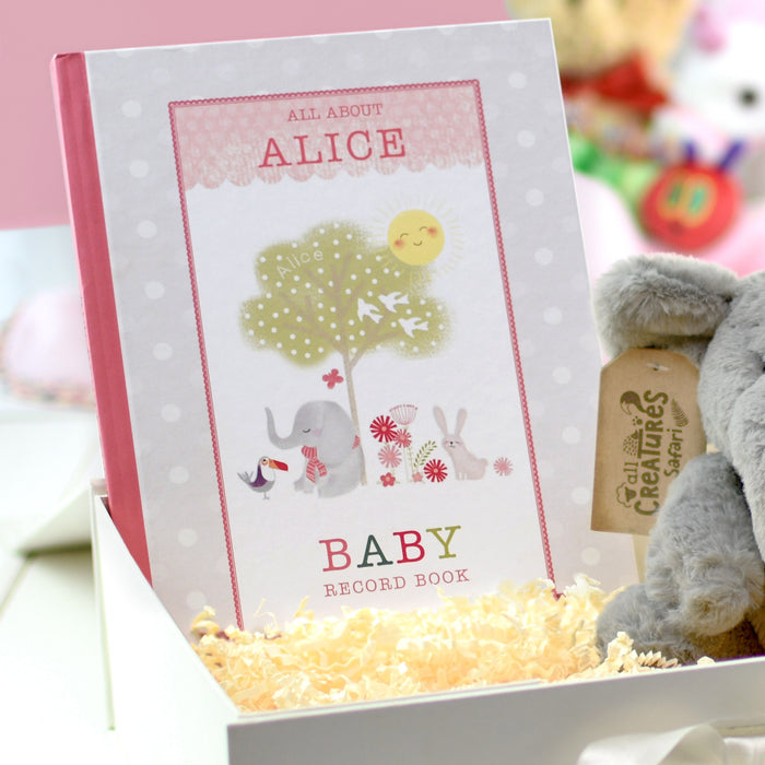 Personalised Baby Record Book with Plush Elephant Toy - Myhappymoments.co.uk