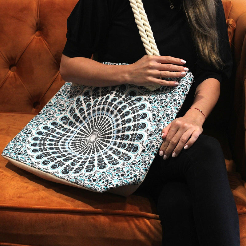Mandala Tote Beach Bag Rope Handle - Sky Blue