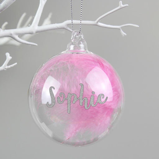 Personalised Silver Glitter Pink Feather Name Glass Bauble