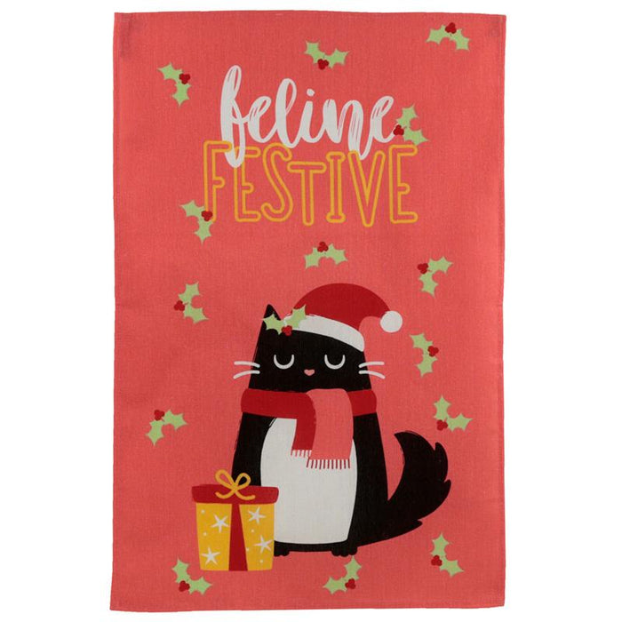 Poly Cotton Tea Towel - Christmas Festive Feline Cat