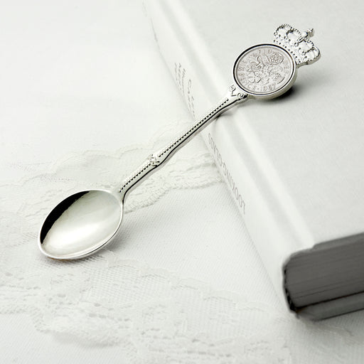 Personalised Silver Plated Lucky Sixpence Teaspoon - Myhappymoments.co.uk