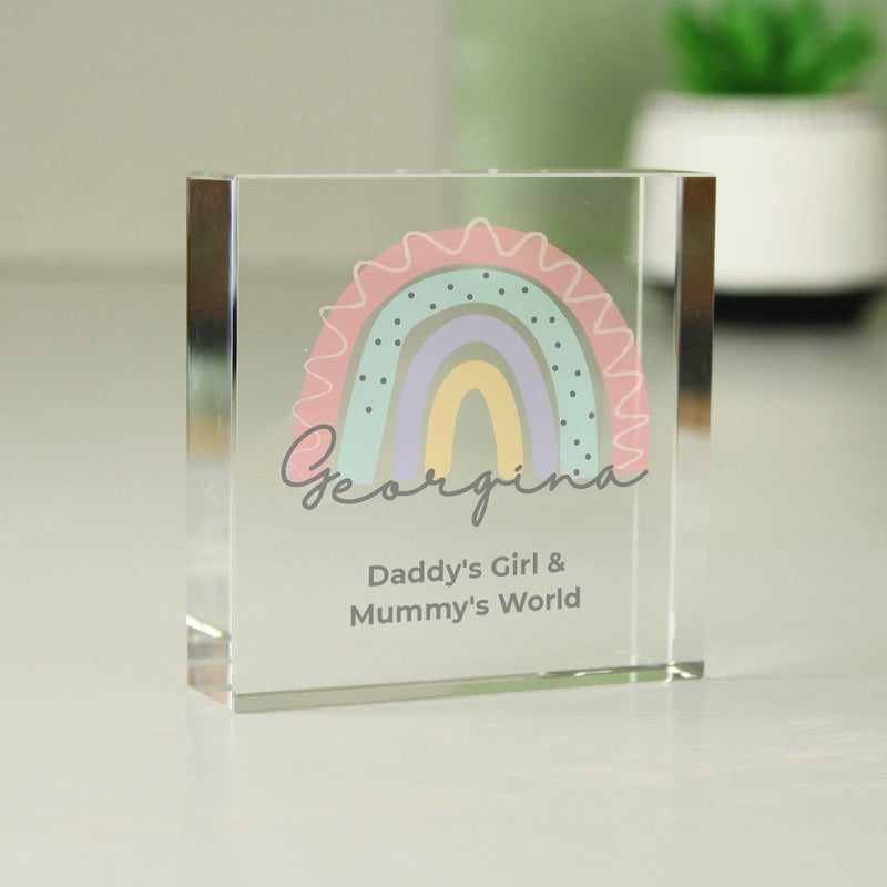 Personalised Rainbow New Baby Crystal Glass Block