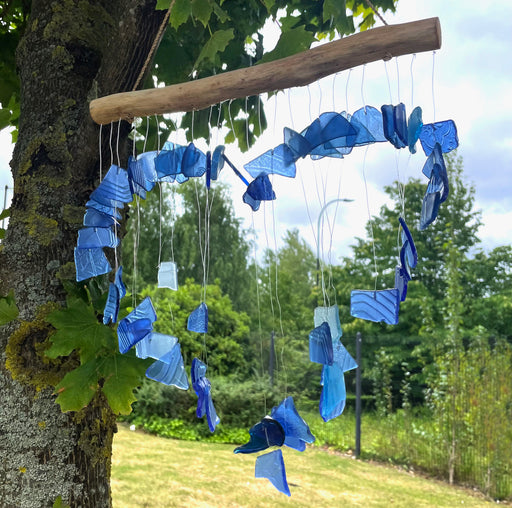 Love Heart Recycled Glass Driftwood Wind Chime - Blue