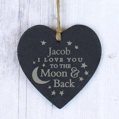 Personalised I Love To the Moon and Back Slate Heart Decoration
