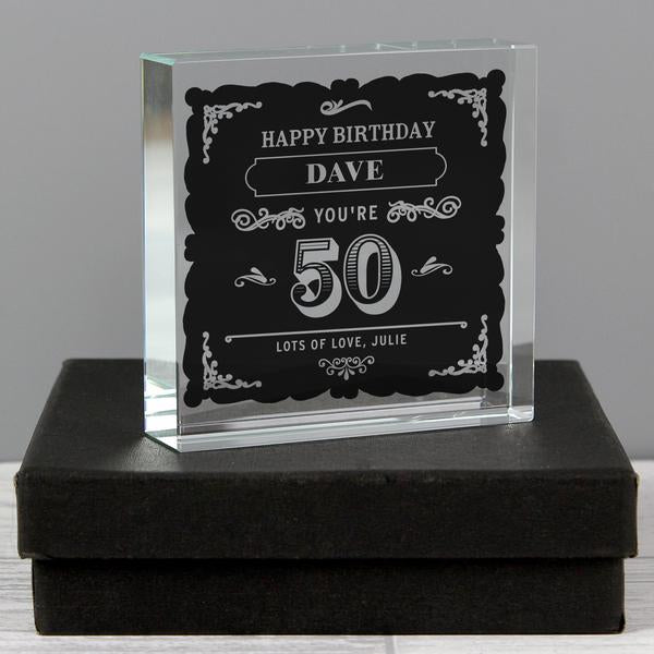 Personalised Birthday Age Vintage Typography Large Crystal Token - Presented In A Black Gift Box - Myhappymoments.co.uk