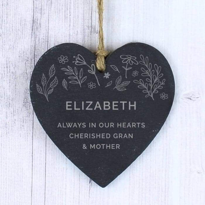 Personalised Floral Small Slate Heart Decoration - Myhappymoments.co.uk