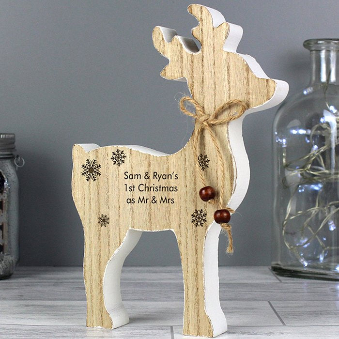 Personalised Rustic Wooden Reindeer Christmas Decoration - Myhappymoments.co.uk