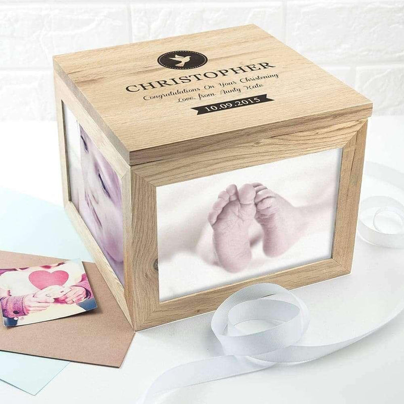 Personalised Christening Oak Photo Cube Wooden Keepsake Box