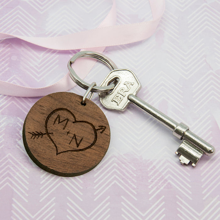 Personalised Carved Tree Round Wooden Keyring with Initials - Myhappymoments.co.uk