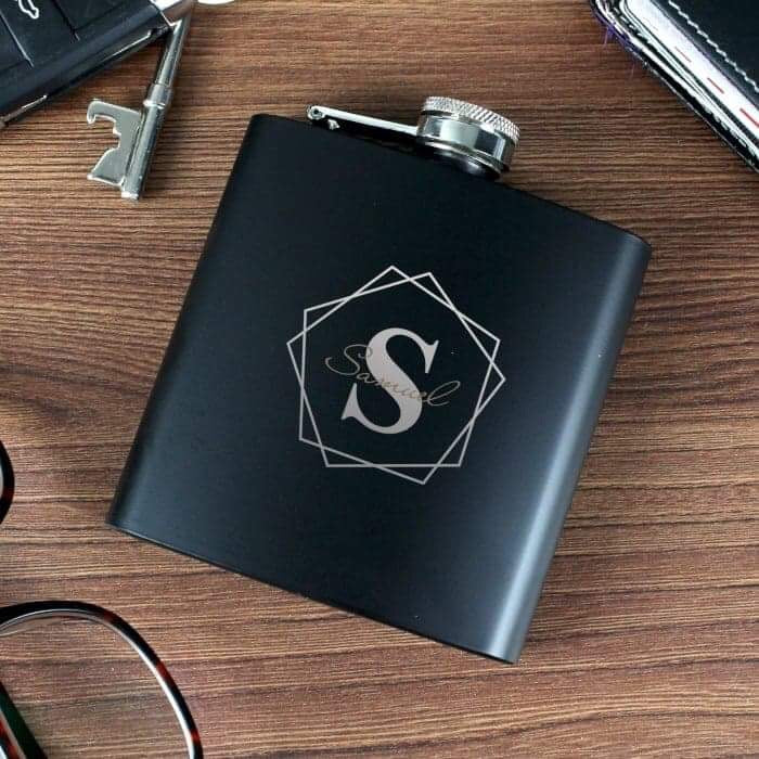 Personalised Geometric Initial Black Hip Flask - Myhappymoments.co.uk