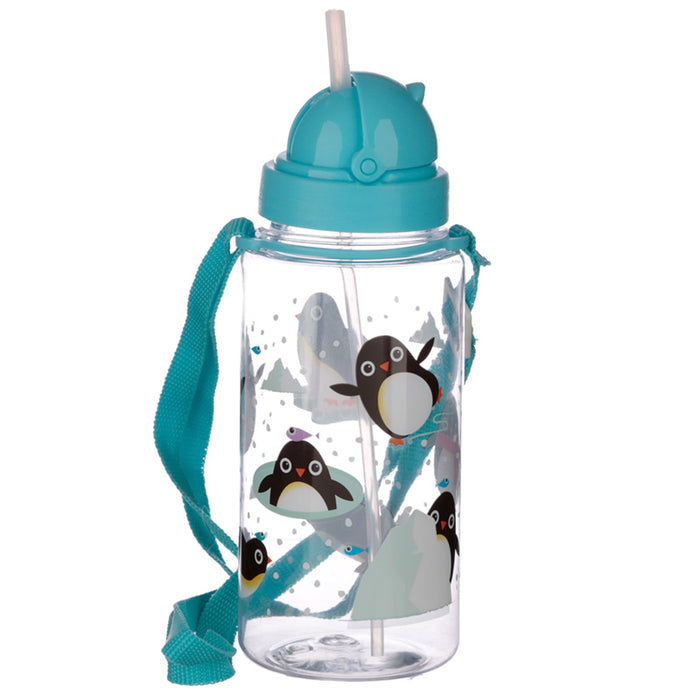 Children’s Penguin Water Bottle with Straw & String 450ml - Myhappymoments.co.uk