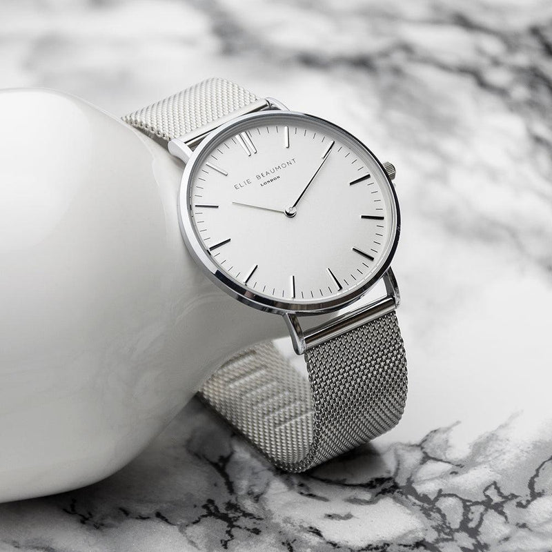 Elie Beaumont Personalised Ladies Metallic Mesh Strapped Watch With White Dial