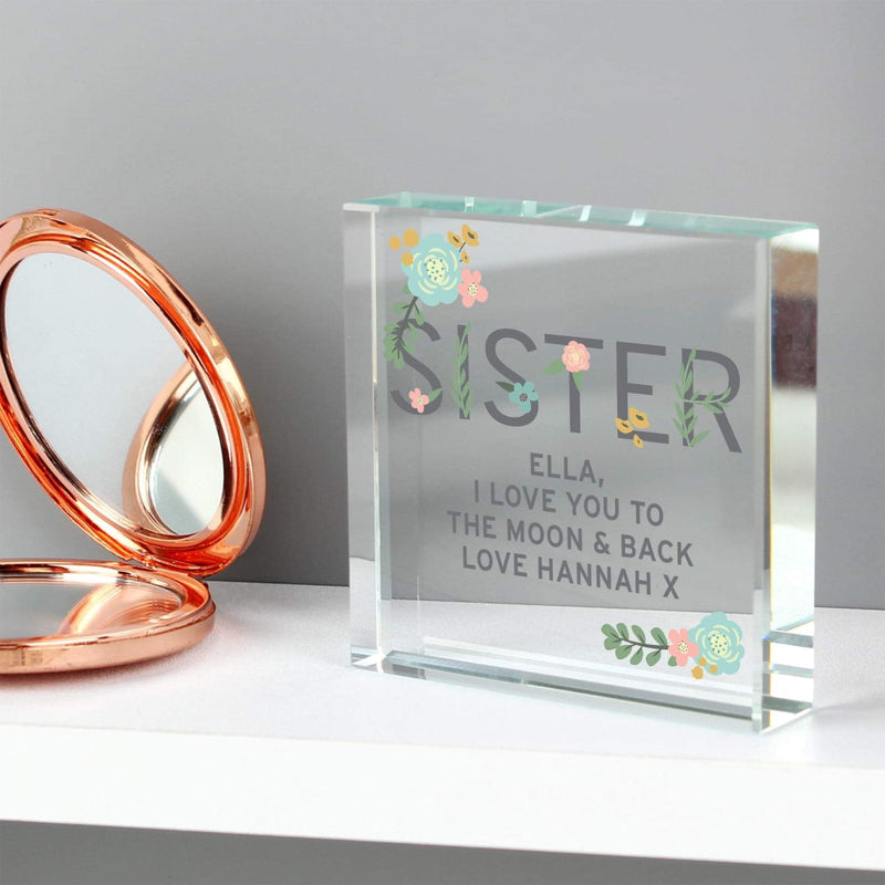 Personalised Floral Sister Large Crystal Glass Block