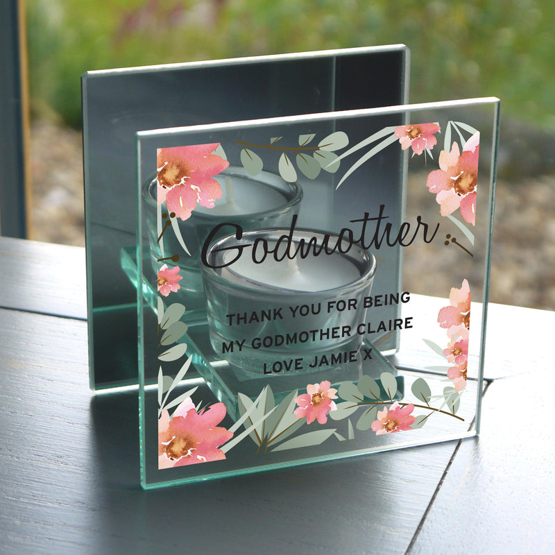 Personalised Floral Sentimental Mirrored Glass Tea Light Holder