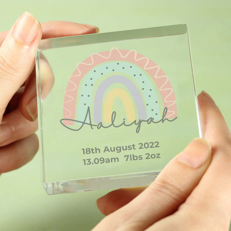 Personalised Rainbow New Baby Crystal Glass Block