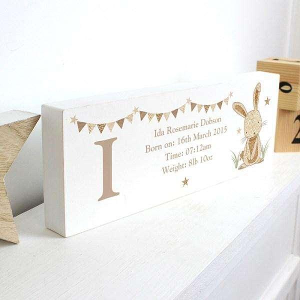 Personalised Hessian Rabbit Wooden Block Sign - Myhappymoments.co.uk