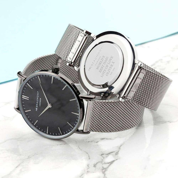 Engraved Men's Metallic Silver Mr Beaumont Watch With Black Face - Myhappymoments.co.uk