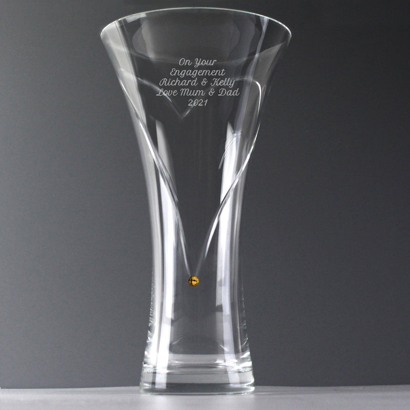 Engraved Large Hand Cut Gold Diamante Heart Vase