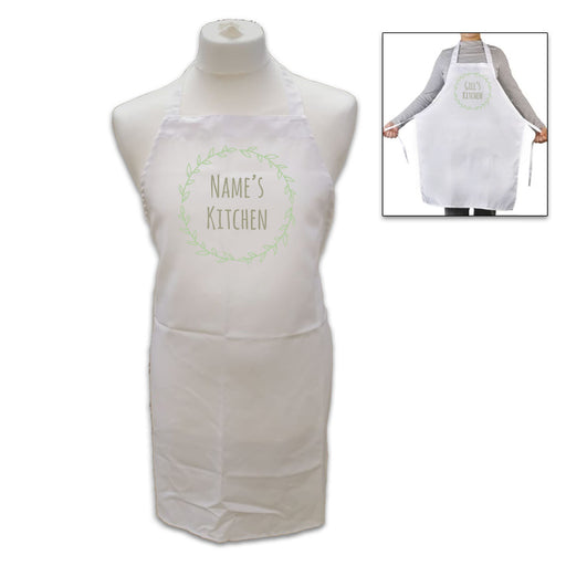 Personalised White Adult Apron - Name's Kitchen with Wreath Image 1