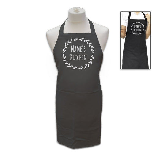 Personalised Black Apron with Name's Kitchen Wreath Image 2