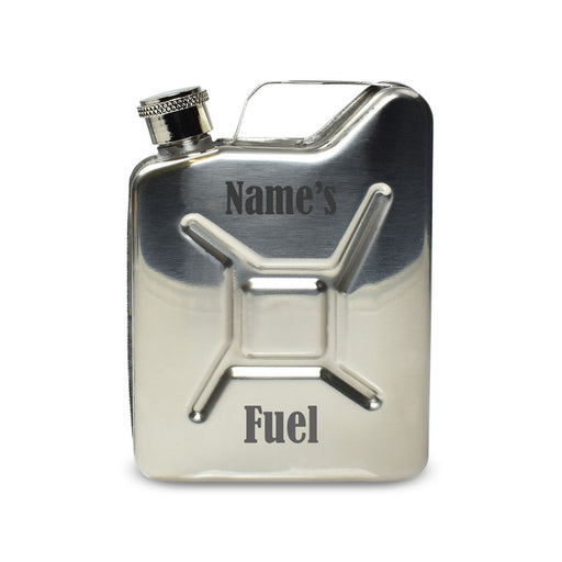 Engraved Silver Jerry Can Hip Flask with Fuel Design Image 1