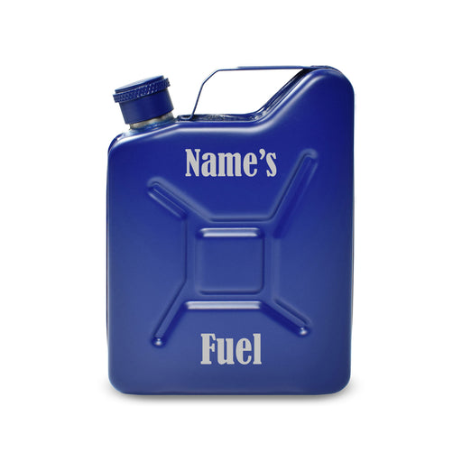 Engraved Blue Jerry Can Hip Flask with Fuel Design Image 1