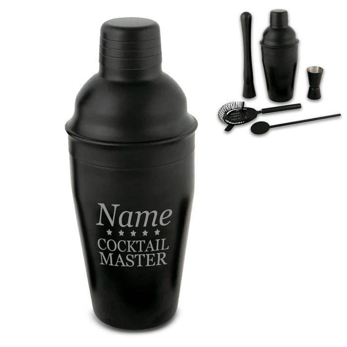 Engraved Black Cocktail Shaker Set with Cocktail Master Design Image 2