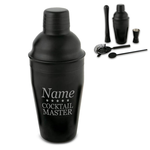 Engraved Black Cocktail Shaker Set with Cocktail Master Design Image 1