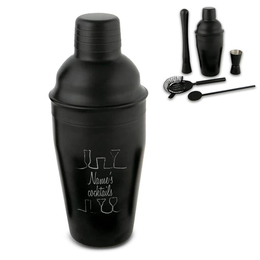 Engraved Black Cocktail Shaker Set with Cocktail Design Image 1