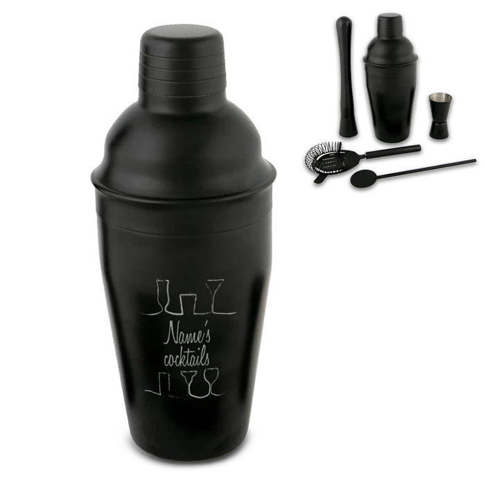Engraved Black Cocktail Shaker Set with Cocktail Design Image 2