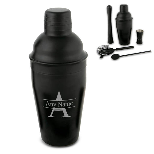 Engraved Black Cocktail Shaker Set with Initial and Name Design Image 1
