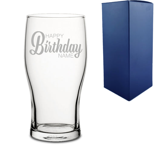 Engraved Pint Glass with Happy Birthday Name Design Image 1