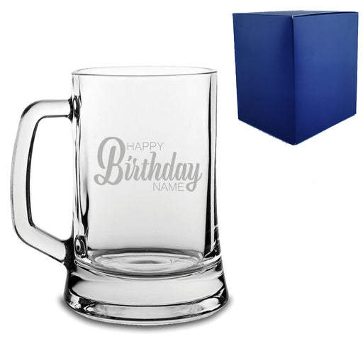 Engraved Beer Mug Tankard with Happy Birthday Name Design Image 1