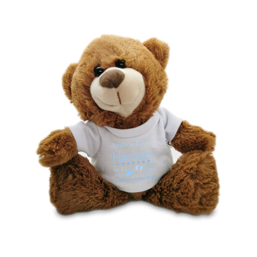 Dark Brown Teddy Bear Toy with T-shirt with Newborn Baby Design in Blue Image 2