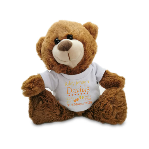 Dark Brown Teddy Bear Toy with T-shirt with Newborn Baby Design in Orange Image 2