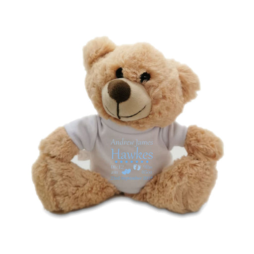 Light Brown Teddy Bear Toy with T-shirt with Newborn Baby Design in Blue Image 2