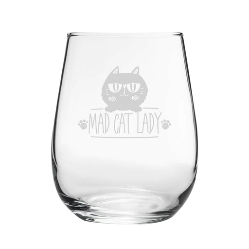 Funny Novelty Mad Cat Lady Stemless Wine Gin Glass