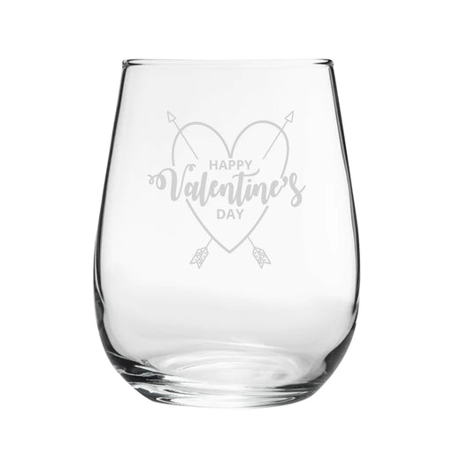 Happy Valentine's Day Heart Design - Engraved Novelty Stemless Wine Gin Tumbler Image 1