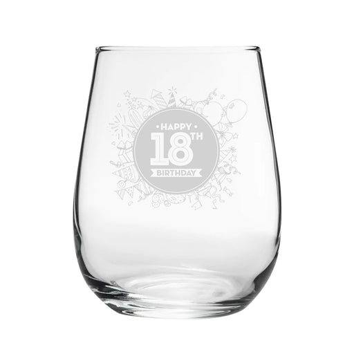 Happy 18th Birthday Round Design - Engraved Novelty Stemless Wine Gin Tumbler Image 2