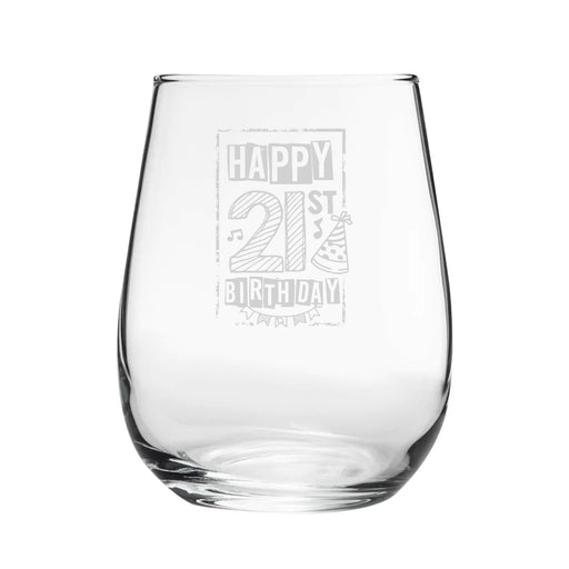 Happy 21st Birthday Bordered Design - Engraved Novelty Stemless Wine Gin Tumbler Image 2