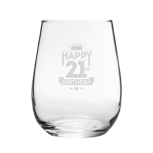 Happy 21st Birthday Cake Design - Engraved Novelty Stemless Wine Gin Tumbler Image 1