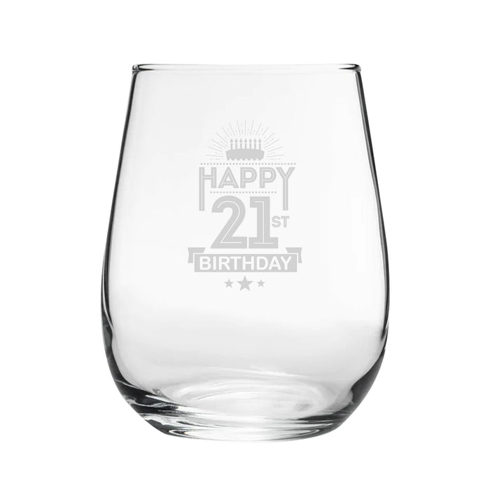 Happy 21st Birthday Cake Design - Engraved Novelty Stemless Wine Gin Tumbler Image 1