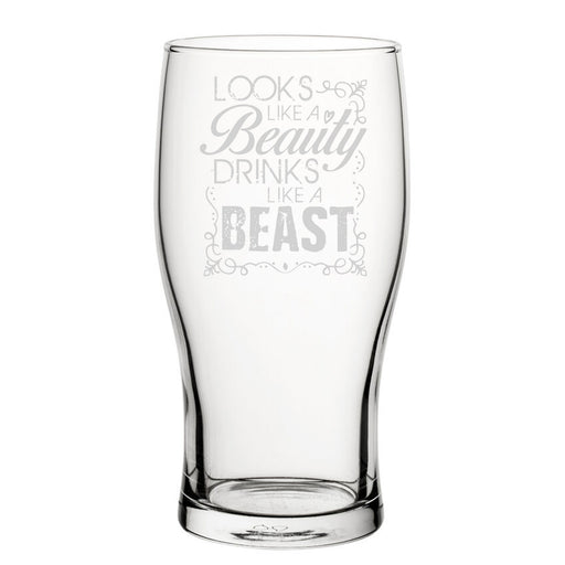 Looks Like A Beauty Drinks Like A Beast - Engraved Novelty Tulip Pint Glass Image 2