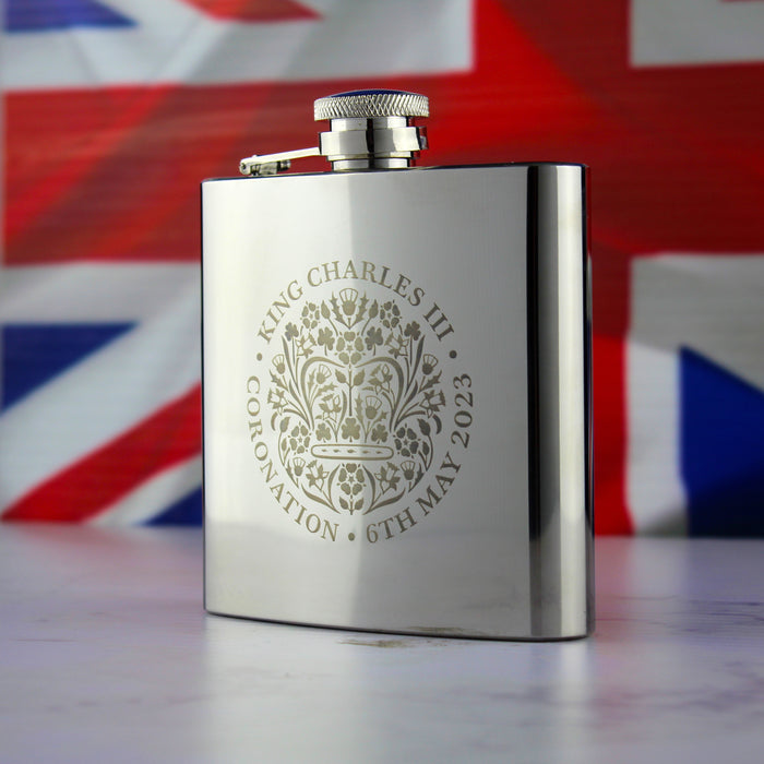 Engraved Commemorative Coronation of the King Silver Hip Flask Image 4