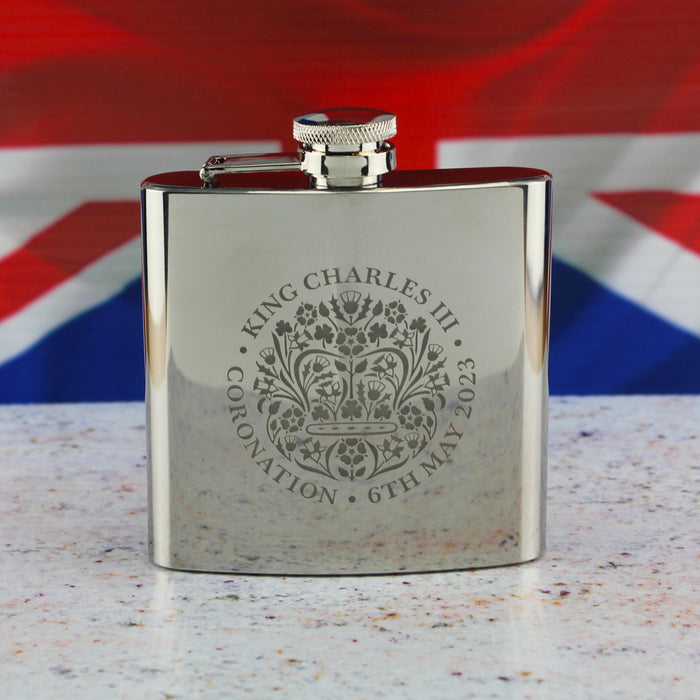 Engraved Commemorative Coronation of the King Silver Hip Flask Image 3