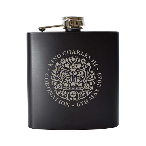 Engraved Commemorative Coronation of the King Black Hip Flask Image 1