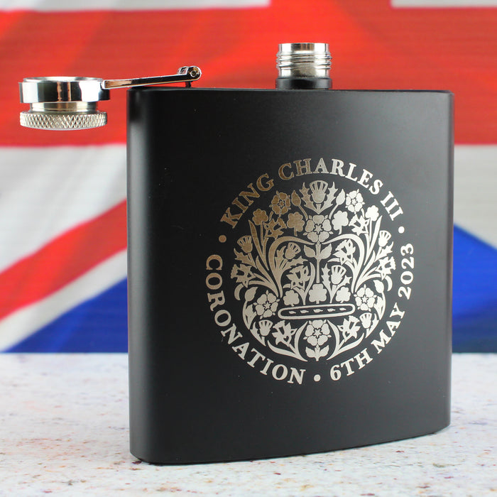Engraved Commemorative Coronation of the King Black Hip Flask Image 4