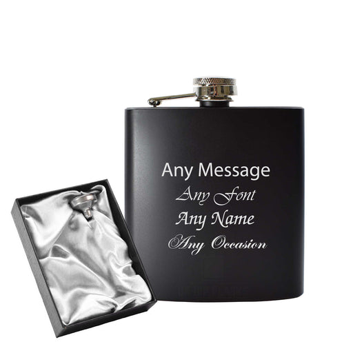 Engraved 6oz Black Hip flask - Any Name, Message, Font - silver satin gift box Image 1
